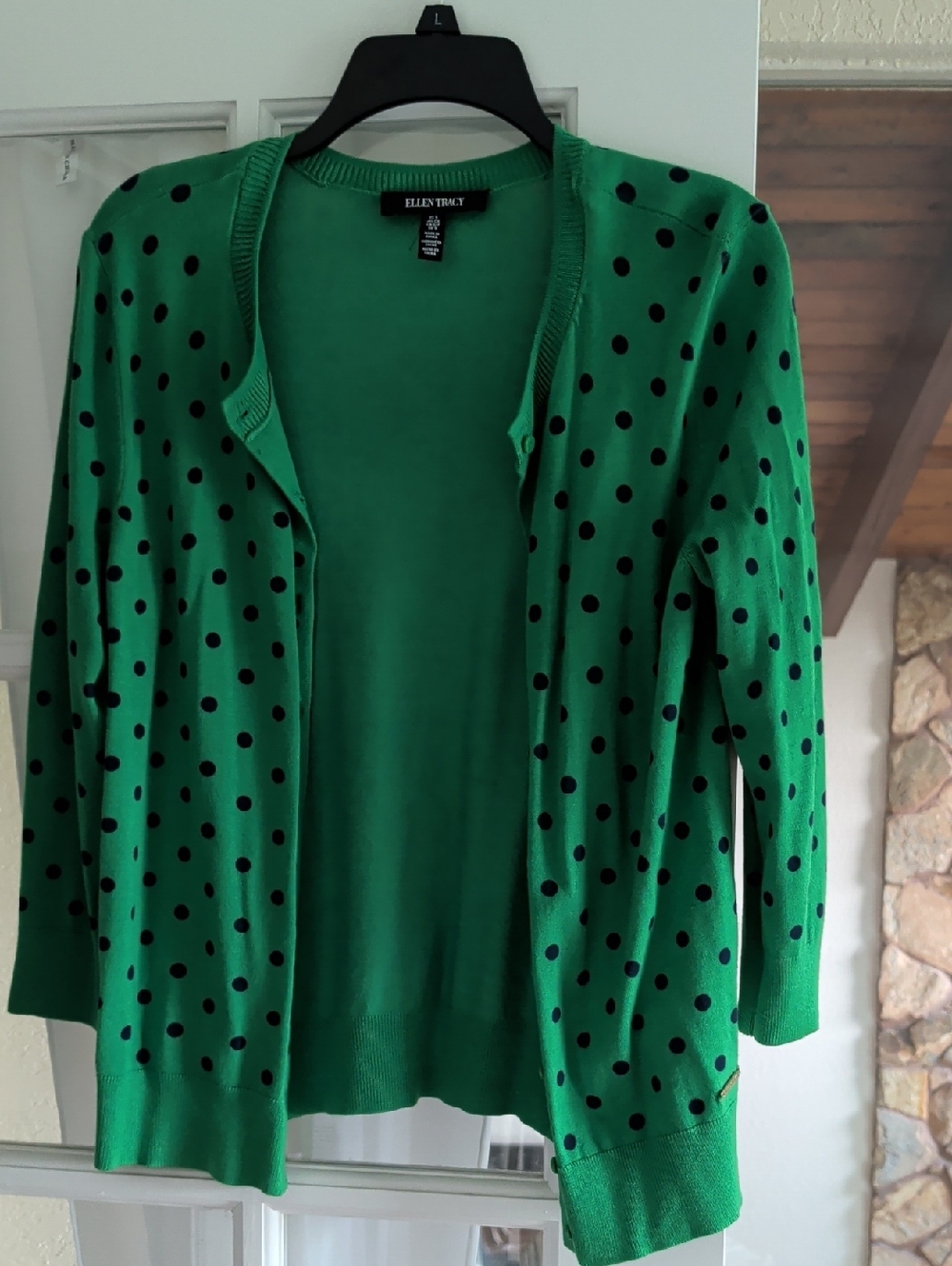 Ellen Tracy Green Cardigan With Dark Blue Polka Dots